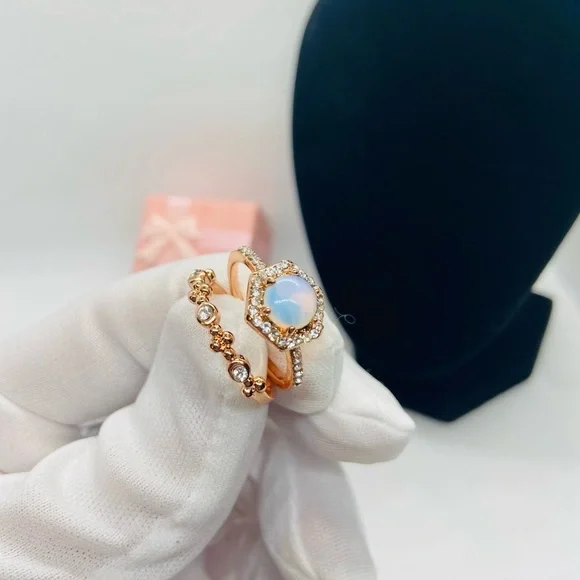 NEW Rose Gold 2pcs/set Hexagonal Opal Ring - Picture 6 of 7